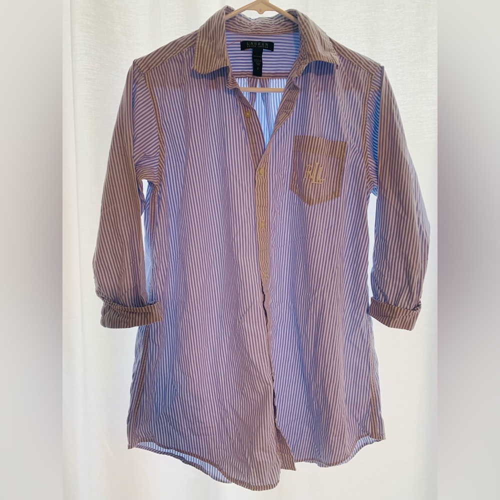 Ralph Lauren Blue White Striped Button Down Shirt Size Small 3/4 Sleeve